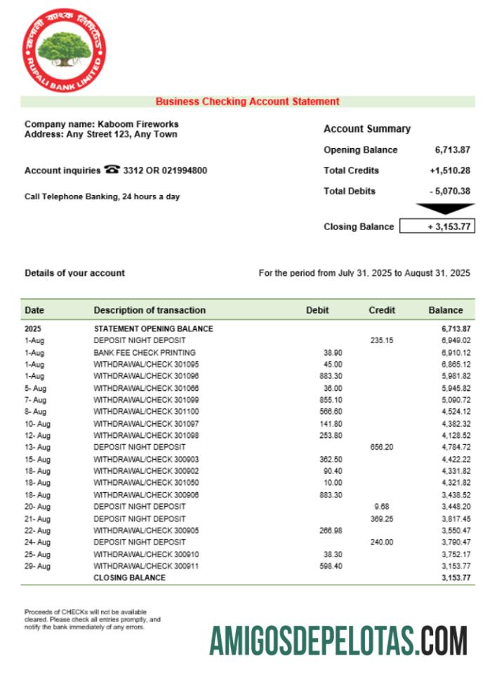 Imprimível Rupali Company Checking modelo de extrato de conta Word e PDF